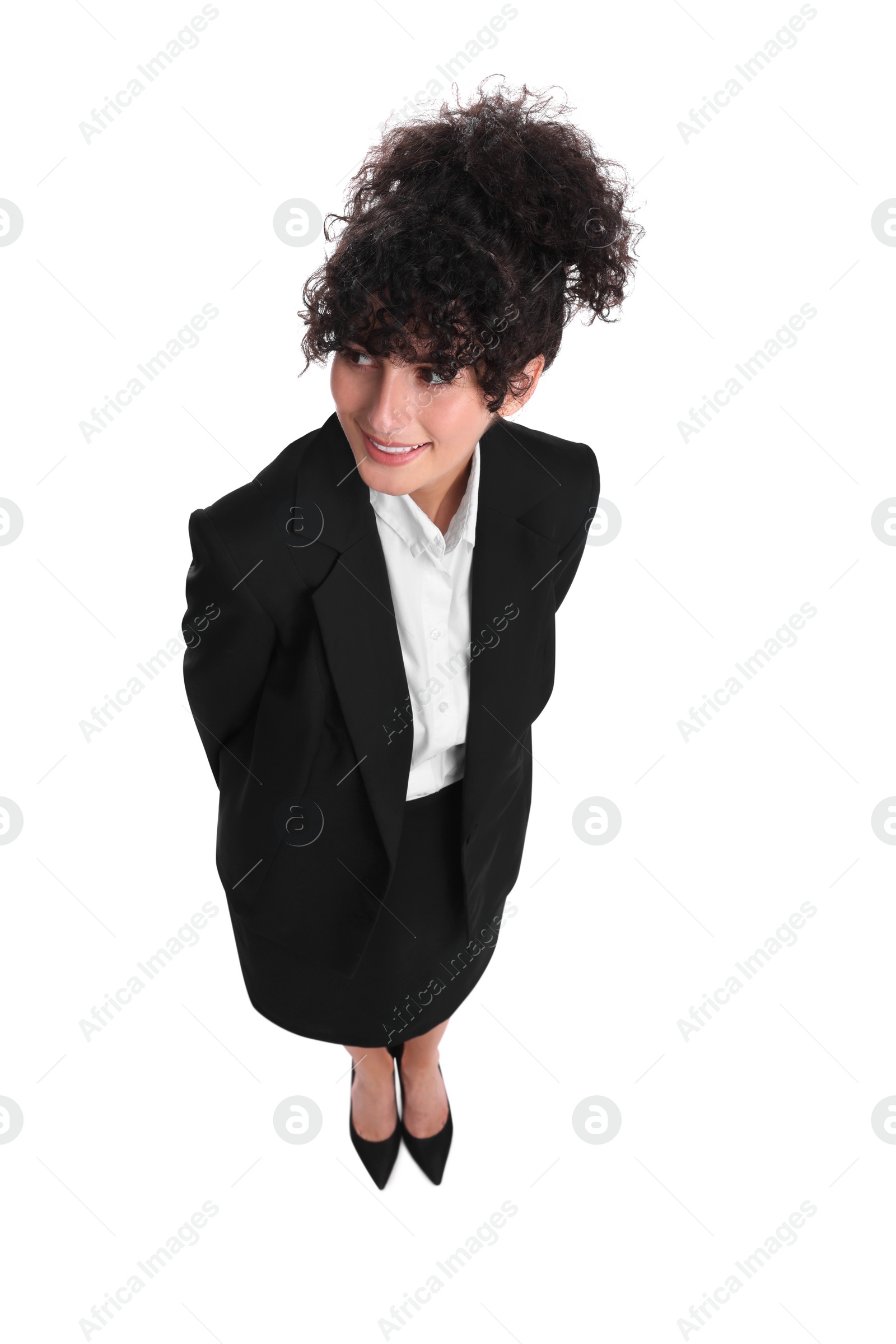 Photo of Beautiful businesswoman in suit on white background, above view