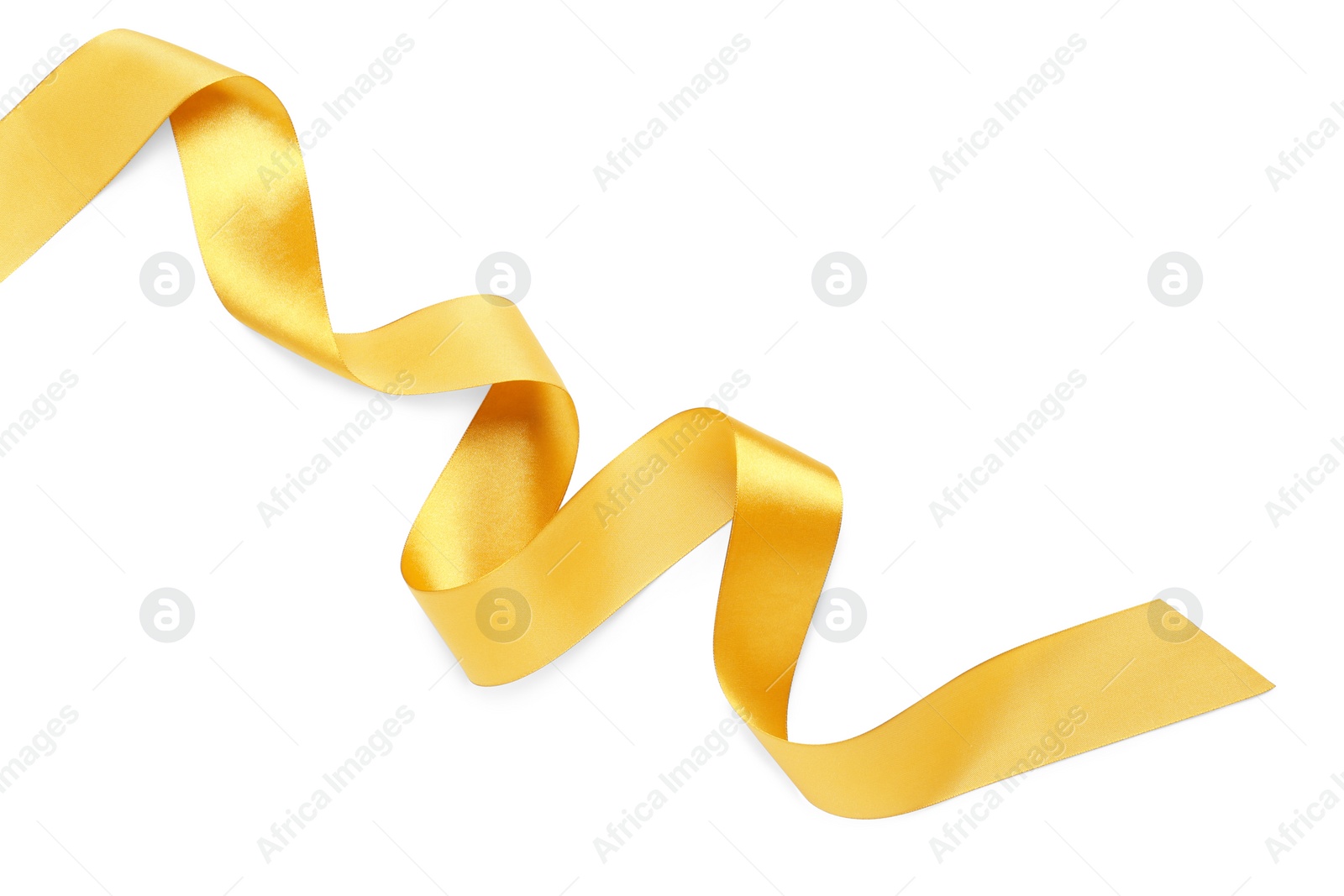 Photo of Beautiful golden ribbon isolated on white, top view