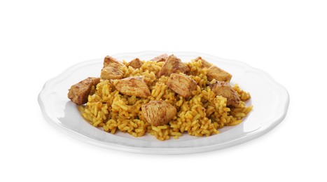 Plate of delicious rice with chicken isolated on white