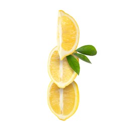 Image of Cut fresh lemons with green leaves isolated on white