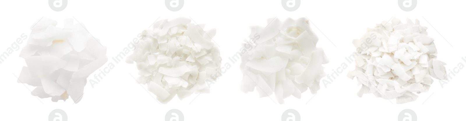 Image of Set with fresh coconut flakes isolated on white, top view. Banner design