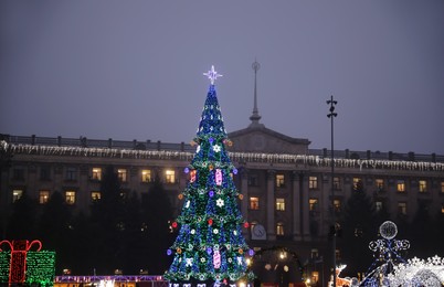 Beautiful decorated Christmas tree near building outdoors in evening