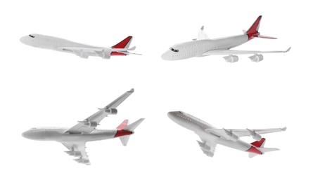 Image of Collage with toy airplane isolated on white, view from different sides