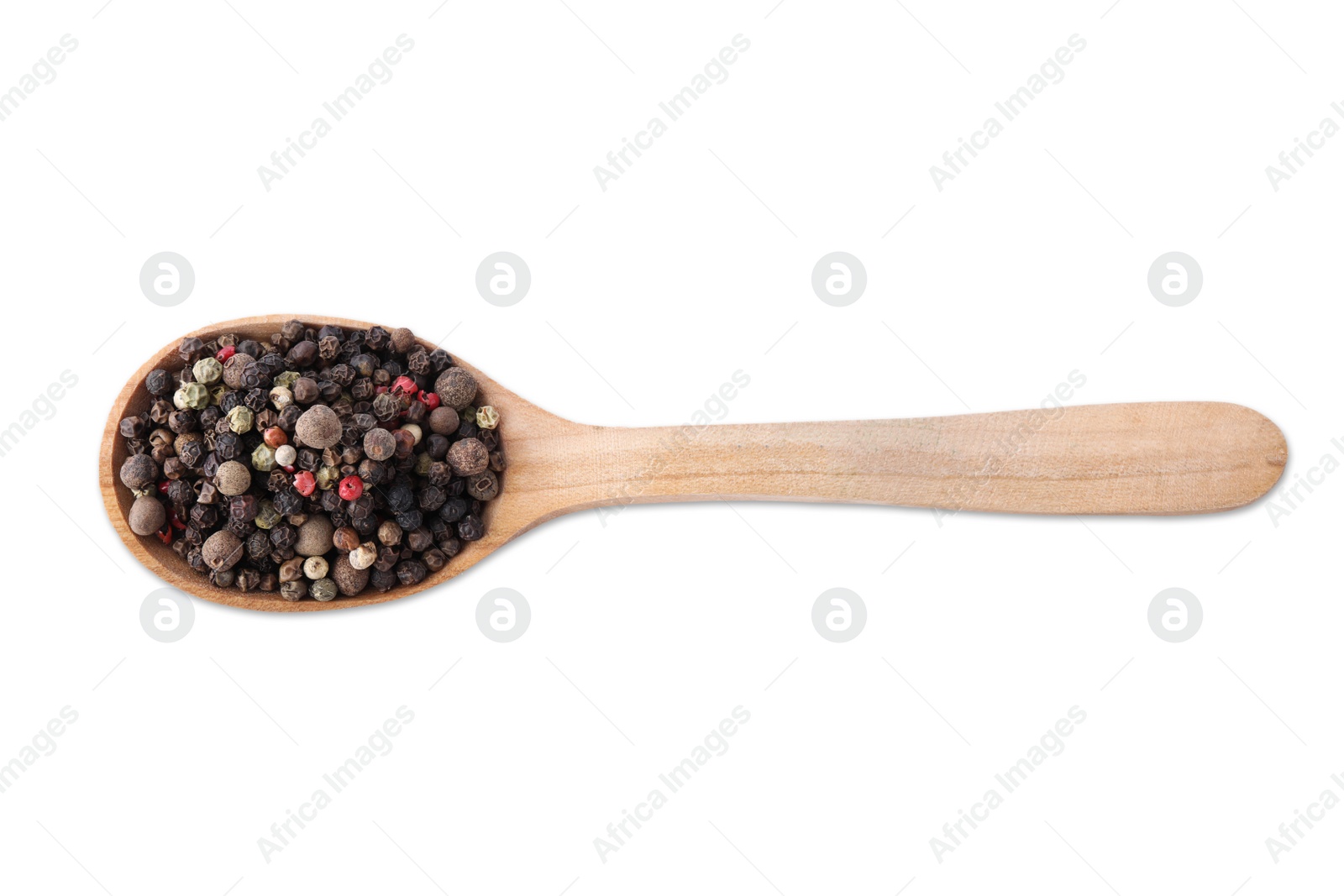 Photo of Pepper grains mix in wooden spoon isolated on white, top view