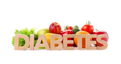 Photo of Word DIABETES and healthy food on white background