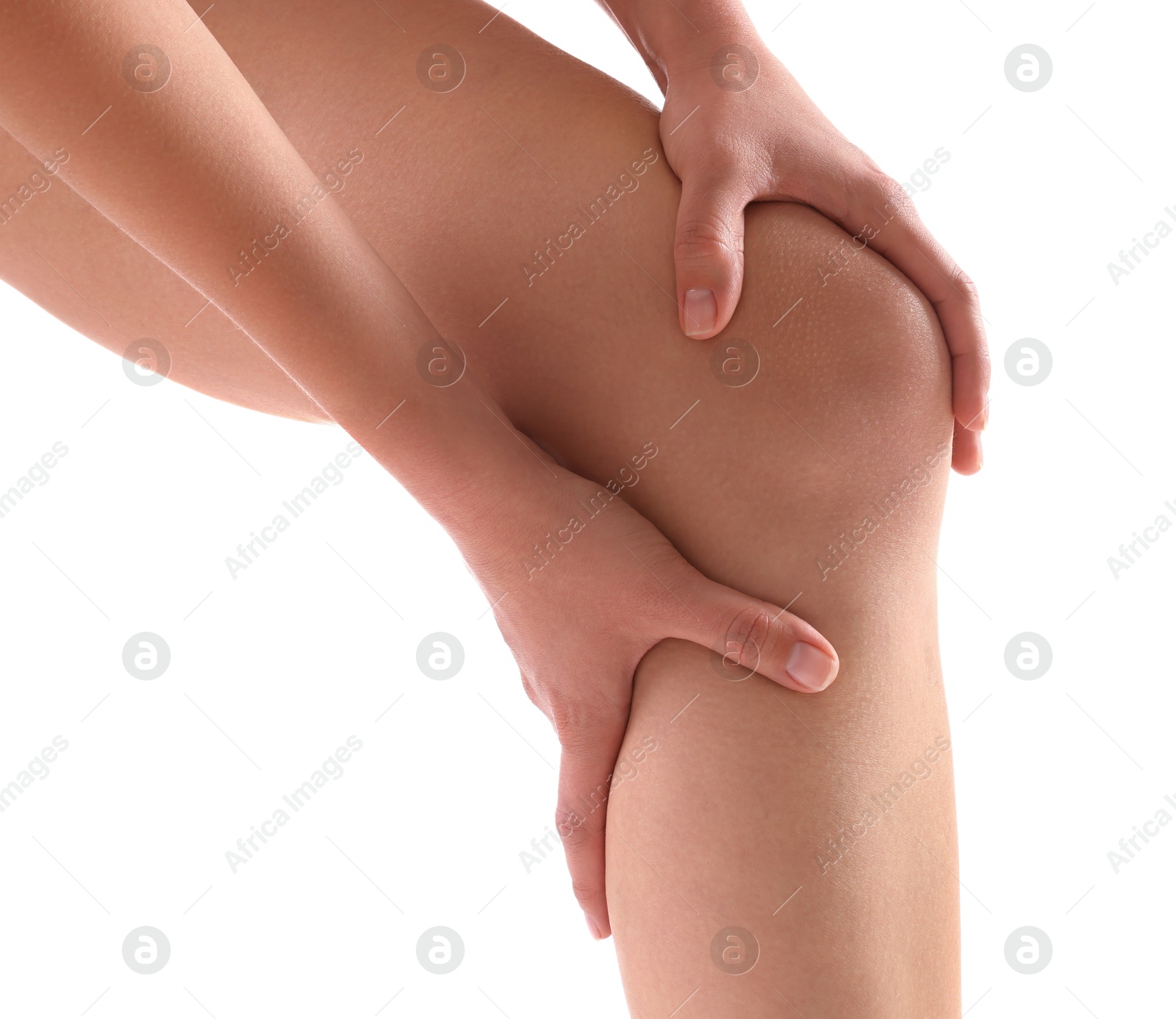 Photo of Woman showing her slim legs on white background, closeup