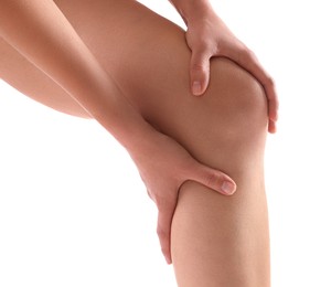 Photo of Woman showing her slim legs on white background, closeup