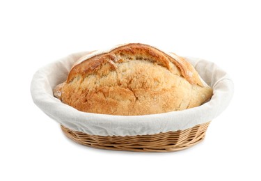 Photo of Wicker basket with fresh bread isolated on white