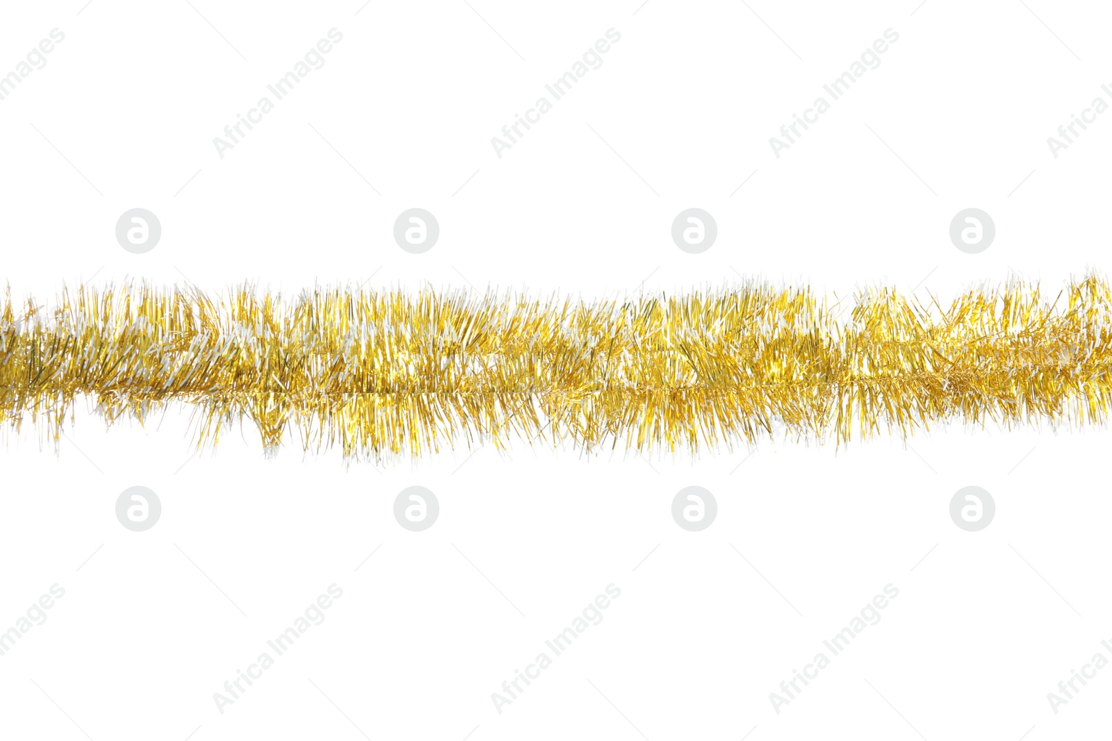 Photo of Shiny golden tinsel isolated on white. Christmas decoration