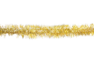 Photo of Shiny golden tinsel isolated on white. Christmas decoration