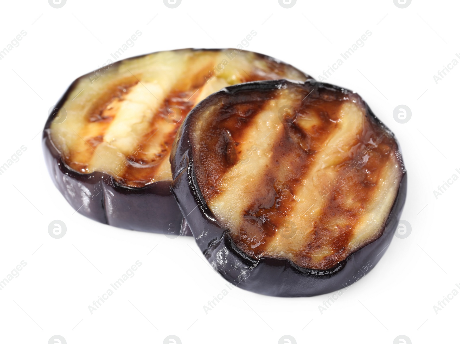 Photo of Slices of tasty grilled eggplant isolated on white