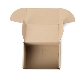 Photo of Empty open cardboard box isolated on white, top view