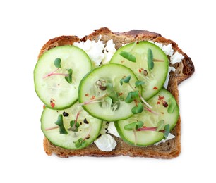 Delicious sandwich with cucumber, microgreens and cheese on white background, top view