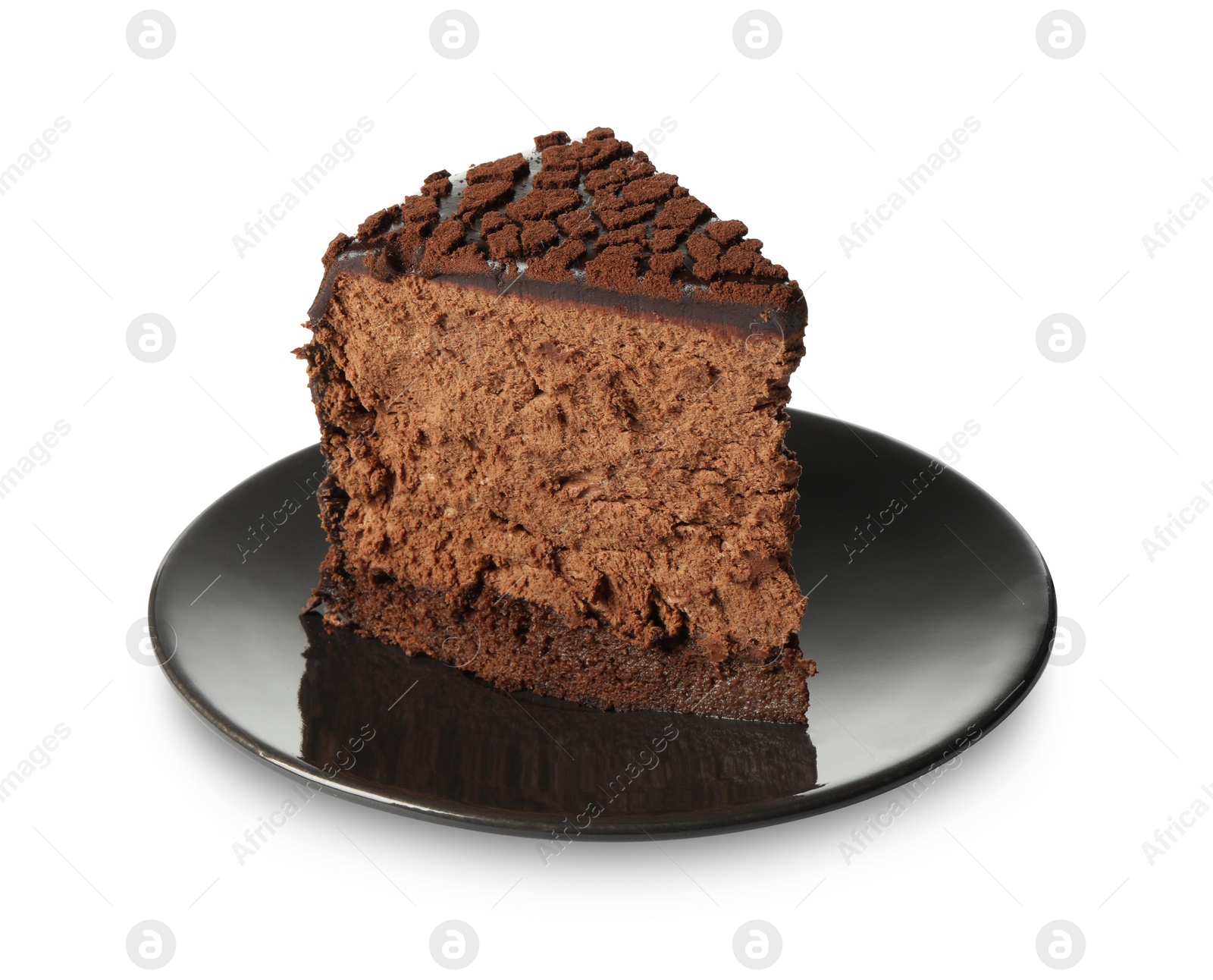 Photo of Piece of delicious chocolate truffle cake isolated on white