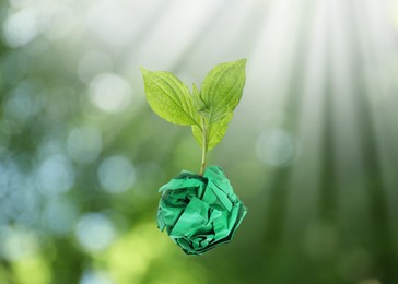 Image of Crumpled sheet of paper on twig with green leaves on blurred background, bokeh effect. Recycling concept
