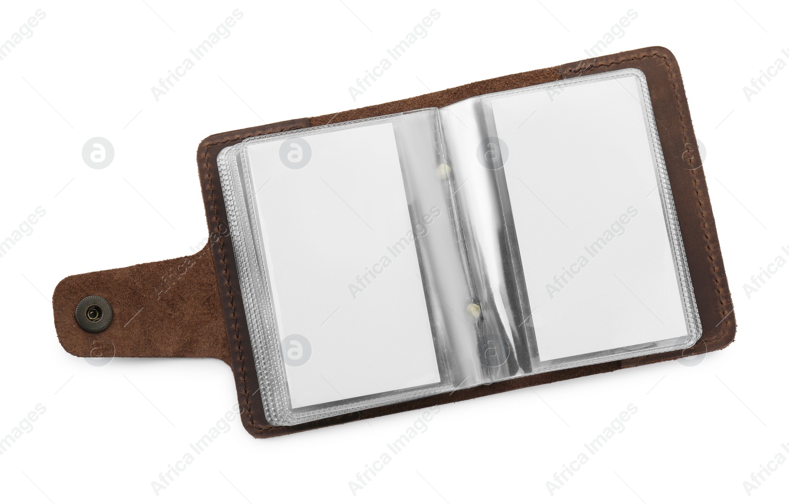 Photo of Leather business card holder with blank cards isolated on white, top view