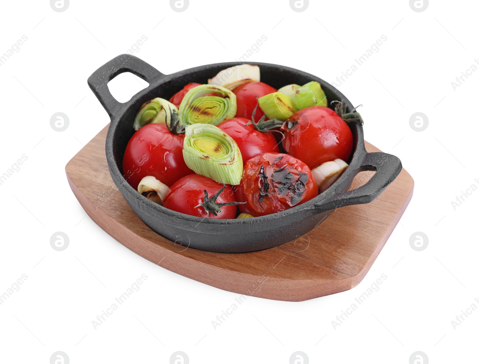 Photo of Tasty fried vegetables in baking dish isolated on white
