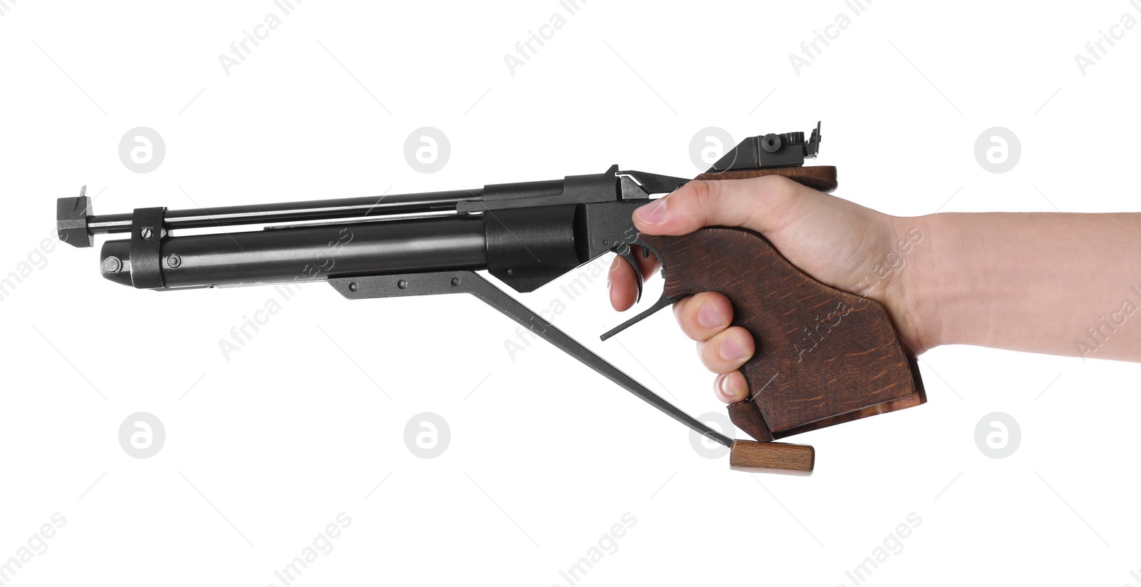 Photo of Gun shooting sport. Man aiming standard pistol on white background, closeup