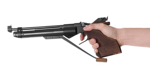 Gun shooting sport. Man aiming standard pistol on white background, closeup