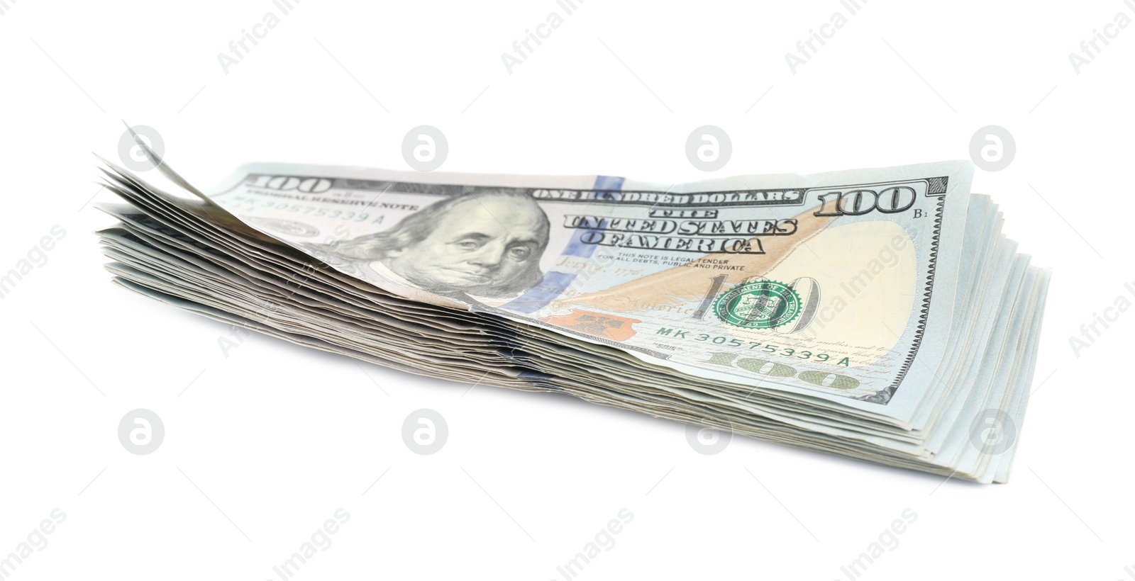 Photo of Dollar banknotes isolated on white. Money and finance