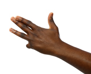 African-American man showing number THREE on white background, closeup