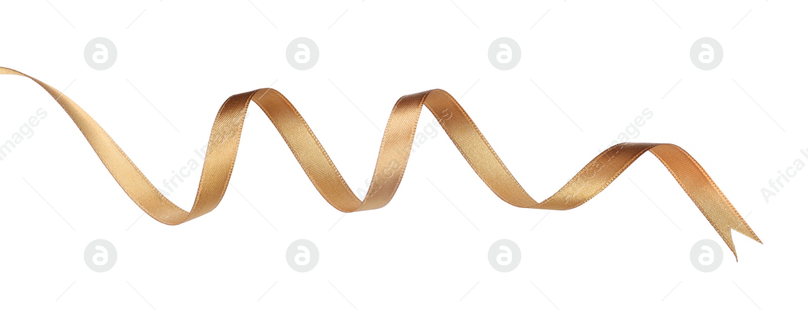 Photo of Beautiful golden ribbon isolated on white, top view