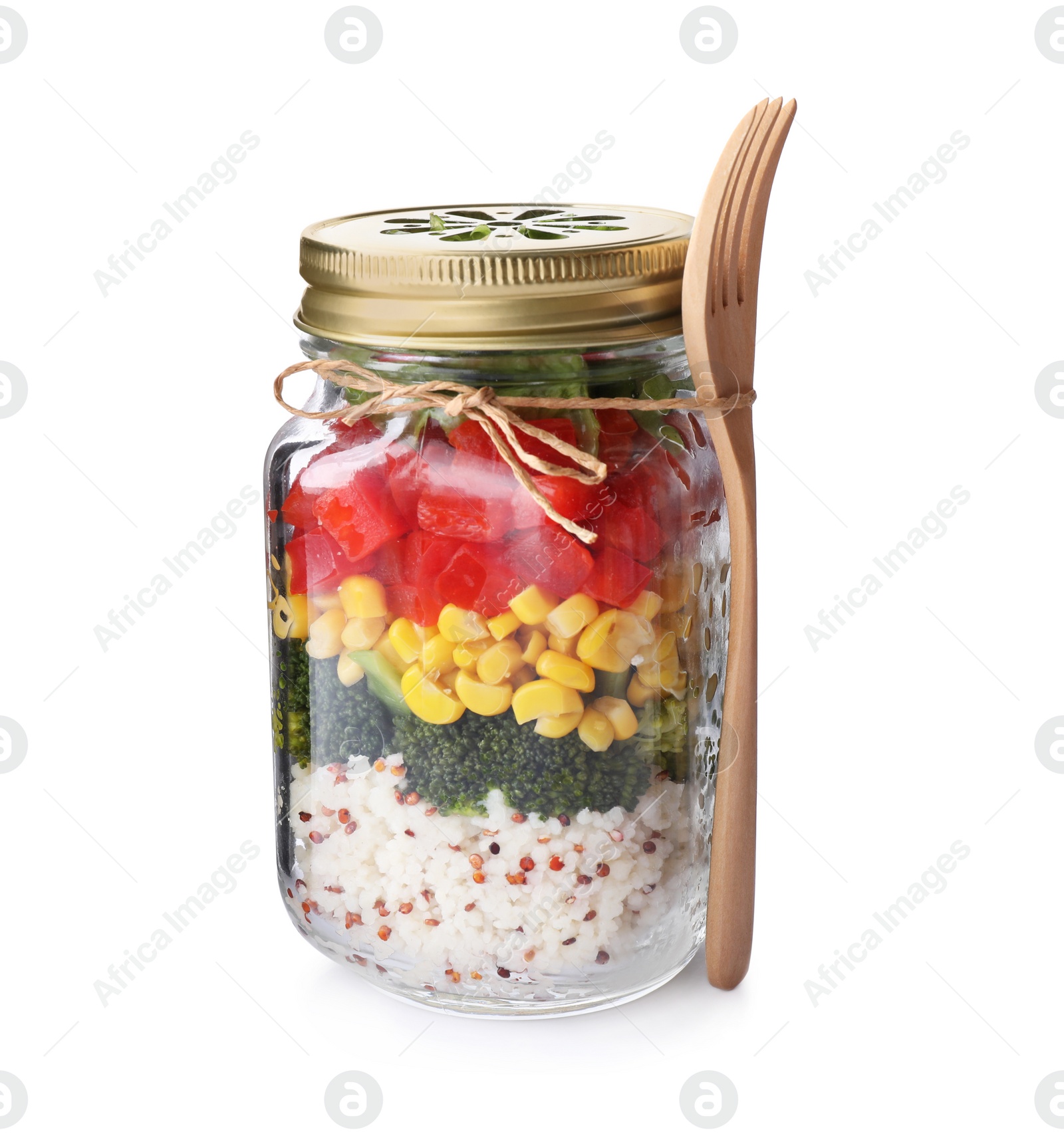 Photo of Glass jar with healthy meal and wooden fork isolated on white