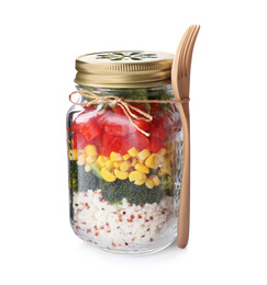 Photo of Glass jar with healthy meal and wooden fork isolated on white