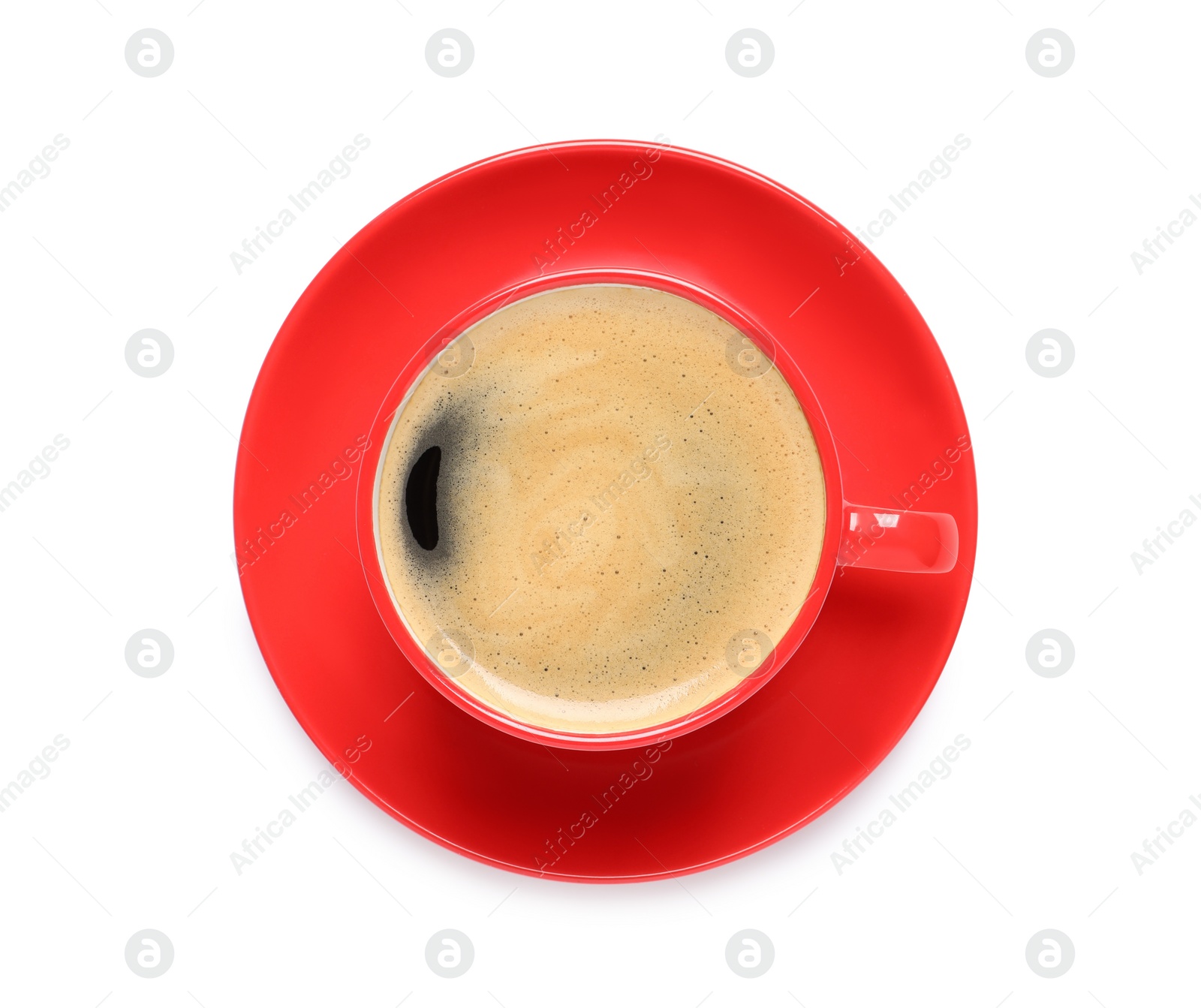 Photo of Aromatic coffee in red cup on white background, top view