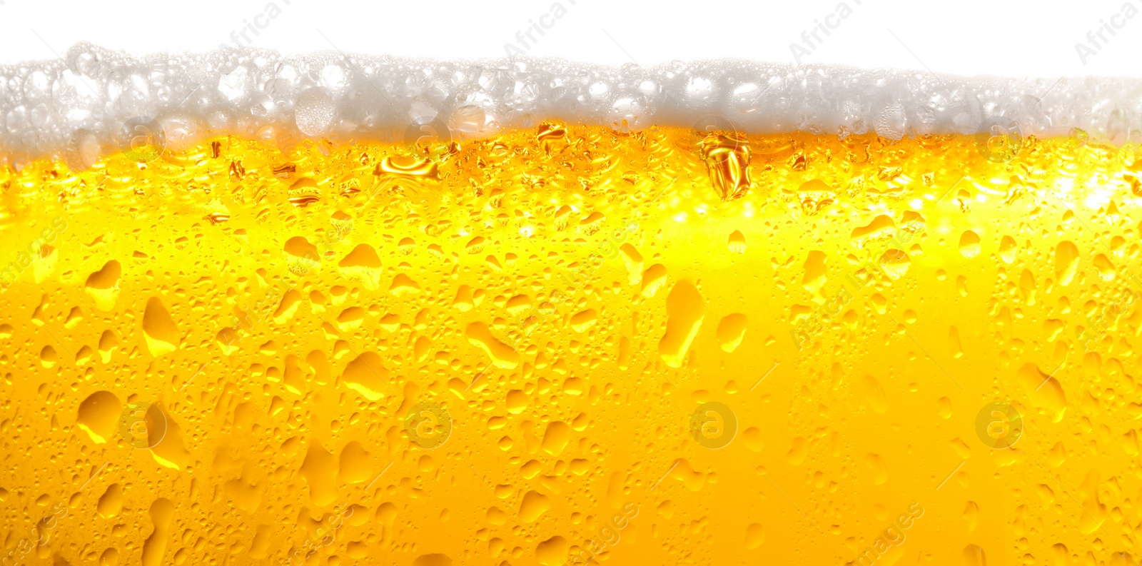 Photo of Glass of tasty cold beer with foam and condensation drops on white background, closeup