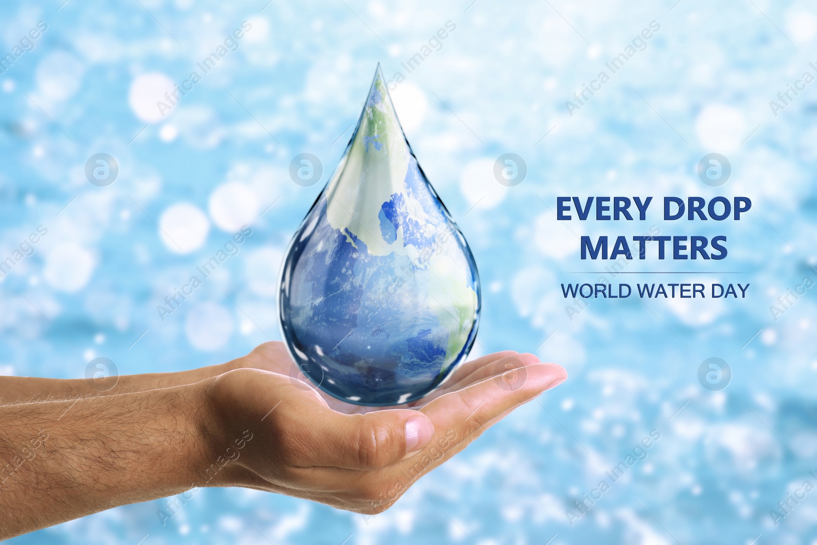 Image of World Water Day. Man holding icon of drop with Earth image inside on blurred background, closeup