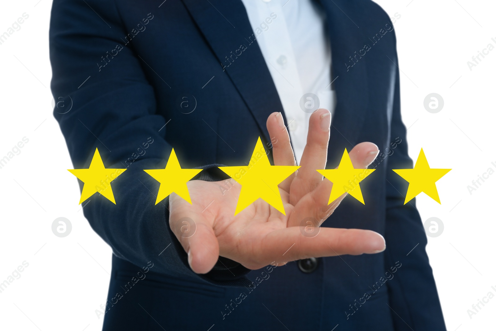 Image of Quality evaluation. Businessman showing virtual golden stars on white background, closeup