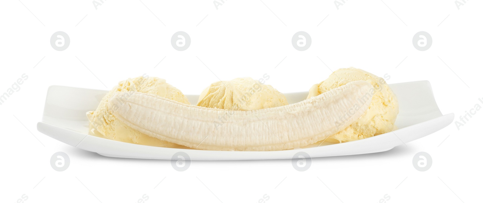 Photo of Delicious banana ice cream and fresh fruit isolated on white