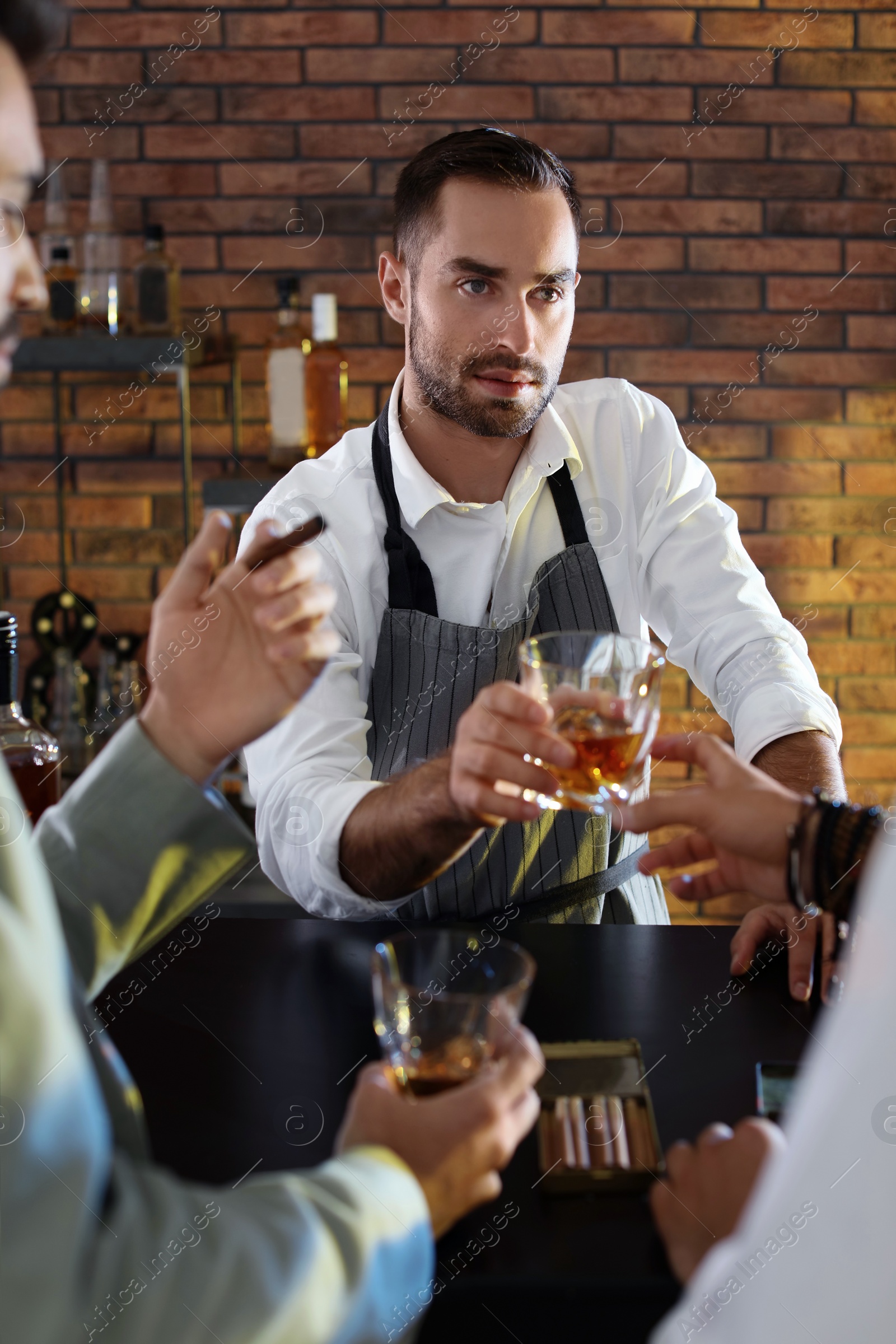 Photo of Bartender giving glass of whiskey to client in bar