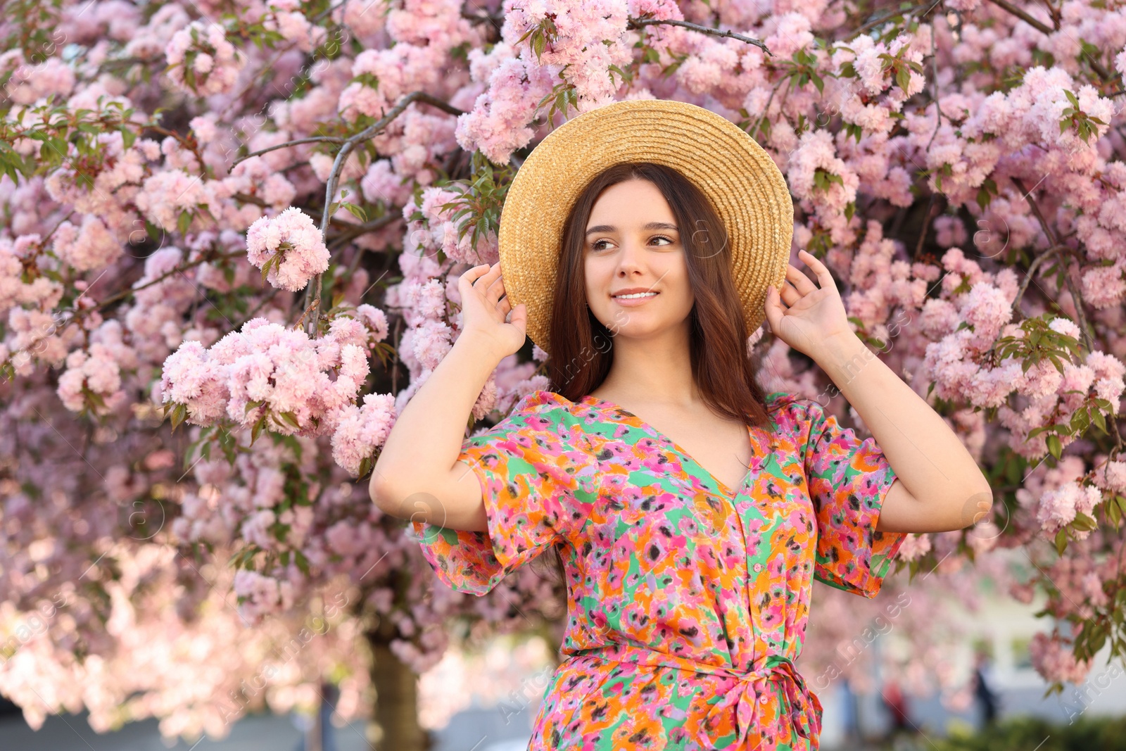 Photo of Beautiful woman in straw hat near blossoming tree on spring day