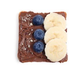 Photo of Toast with tasty nut butter, blueberries, banana and nuts isolated on white, top view