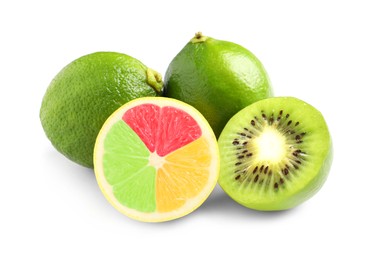 Image of DIfferent genetically modified fruits on white background