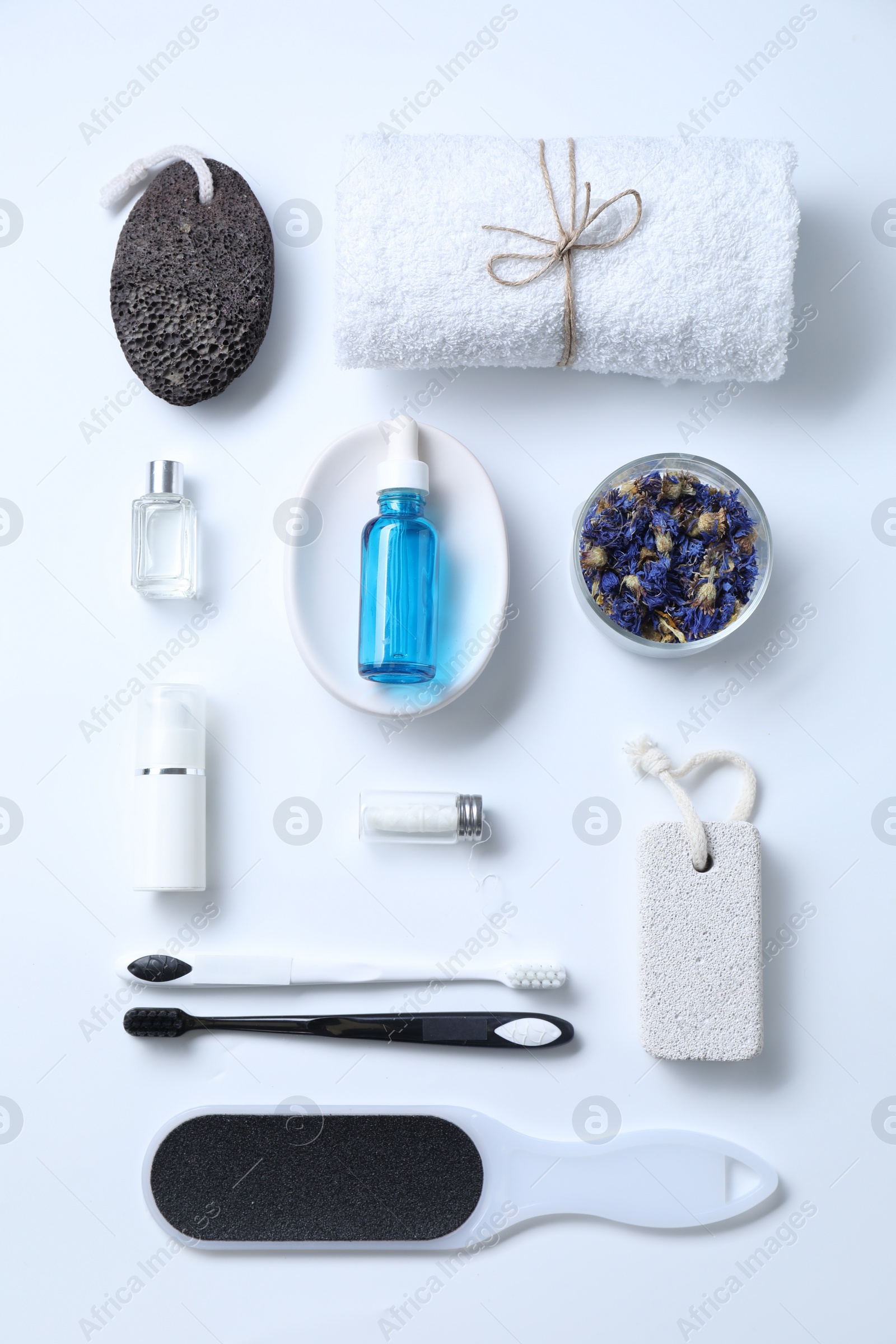 Photo of Bath accessories. Flat lay composition with personal care products on white background