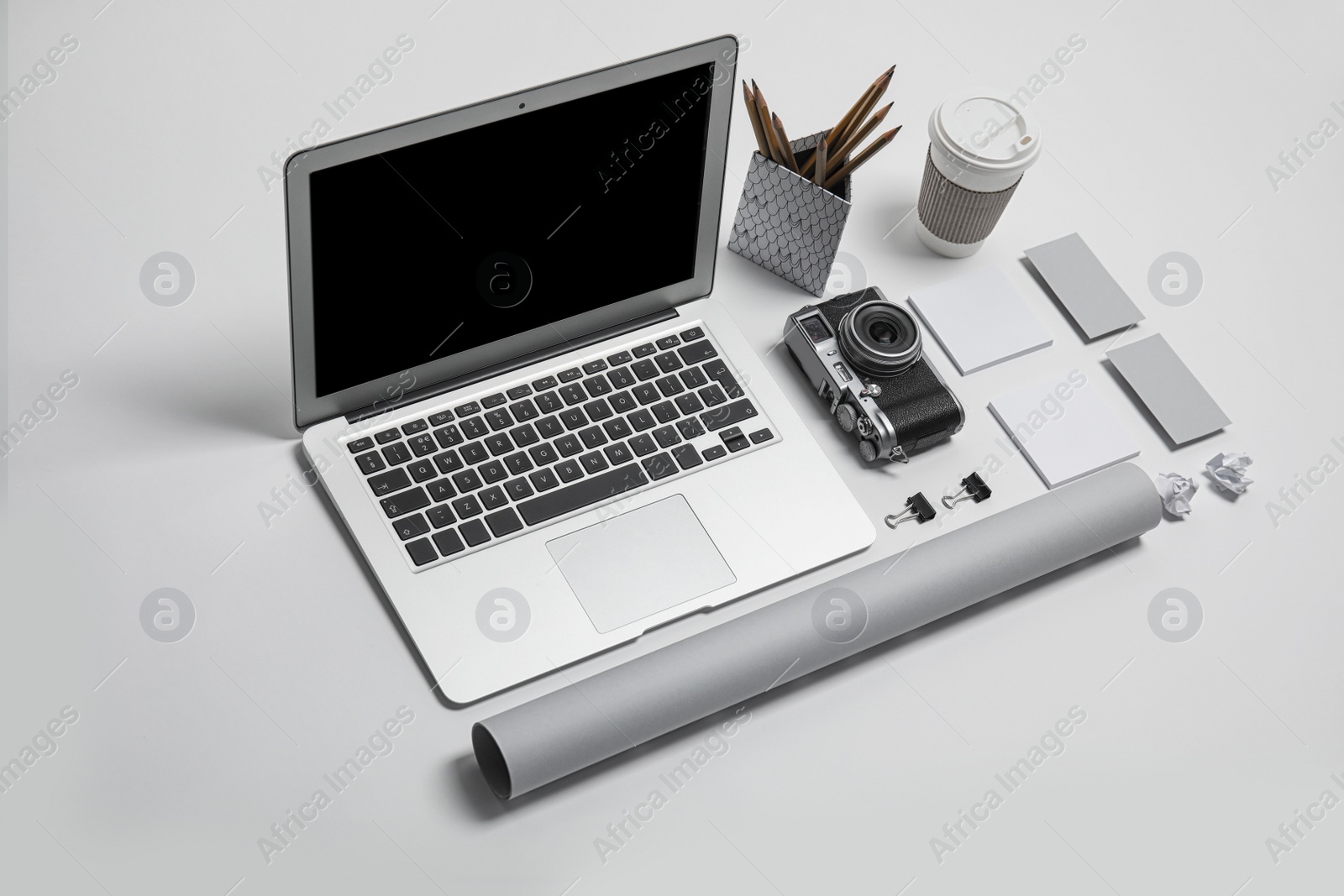 Photo of Composition with stationery on light background. Mock up for design