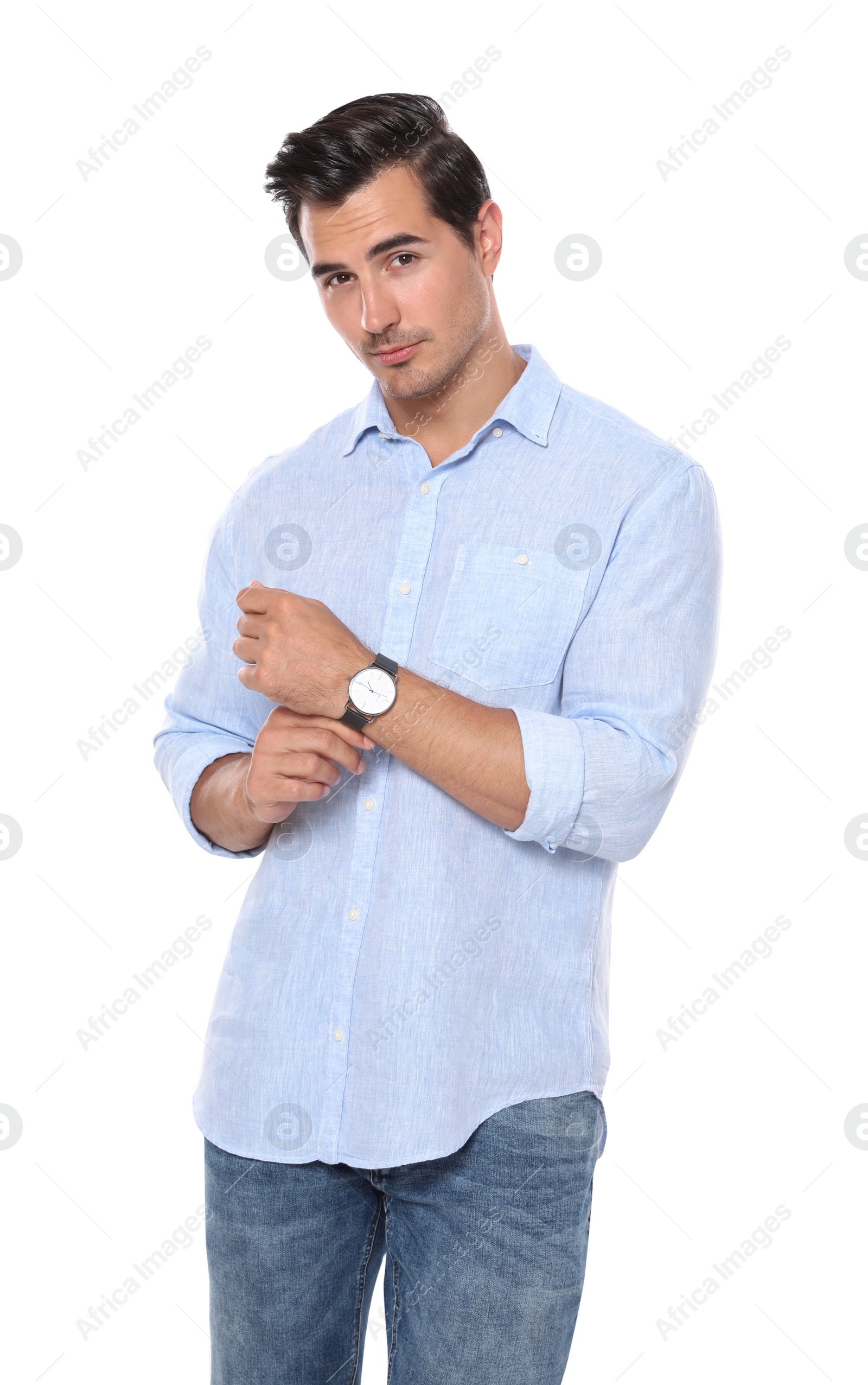 Photo of Portrait of handsome young man on white background