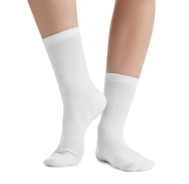 Photo of Woman in stylish socks on white background, closeup