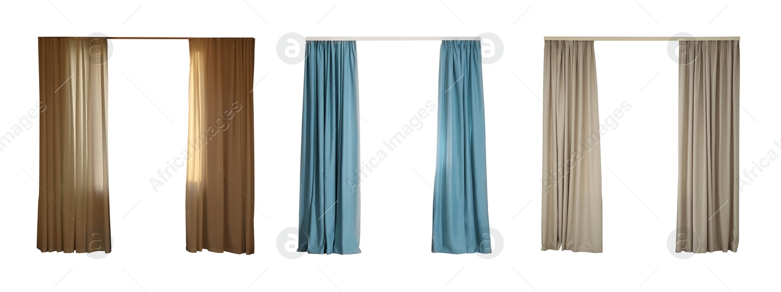 Image of Set with different elegant curtains on white background