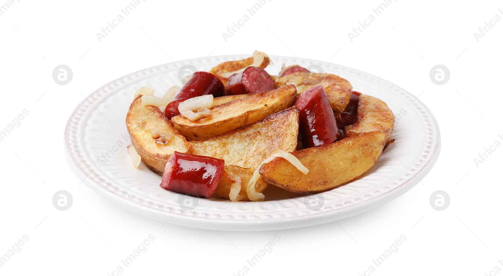 Photo of Delicious baked potato with thin dry smoked sausages and onion isolated on white