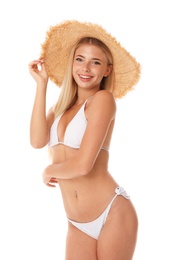 Pretty young woman wearing stylish bikini on white background