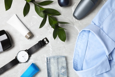 Photo of Flat lay composition with natural male  deodorants on grey marble table