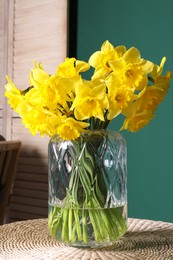 Photo of Beautiful daffodils in vase on wicker table indoors