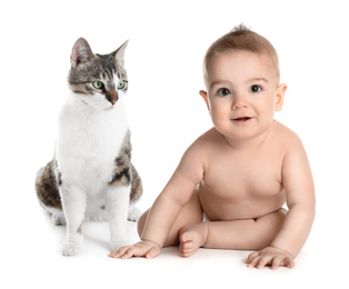 Image of Cute little baby with his pet on white background