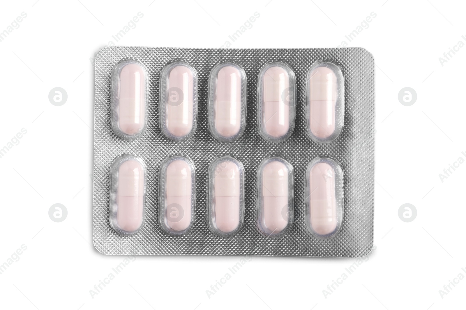 Photo of Blister of pills on white background, top view