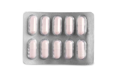 Blister of pills on white background, top view