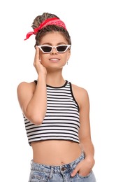 Photo of Beautiful woman with african braided bun and sunglasses on white background